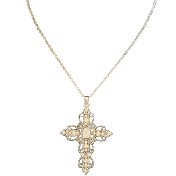 Elegant Cross Pendant Necklace White Color Gems 18" Chain - Picture 3 of 10